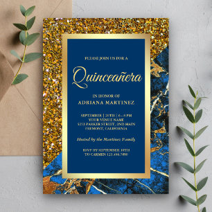 Invitation Faux Or Pailleté Royal Bleu Marbre Quinceanera