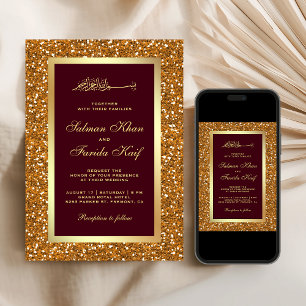 Invitation Faux Or Paillettes Bordeaux Mariage Islamique Musu
