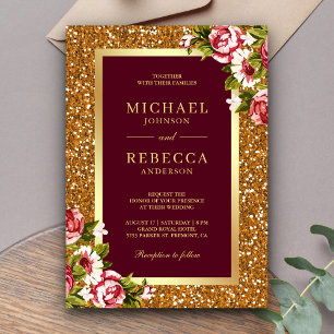 Invitation Faux Or Paillettes Rose Floral Bourgogne Rouge Mar