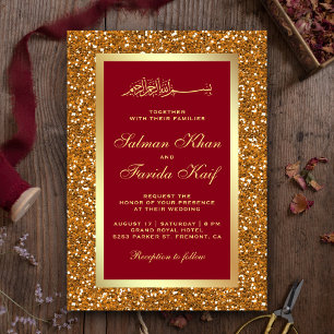 Invitation Faux Or Paillettes Rouge Mariage Islamique Musulma