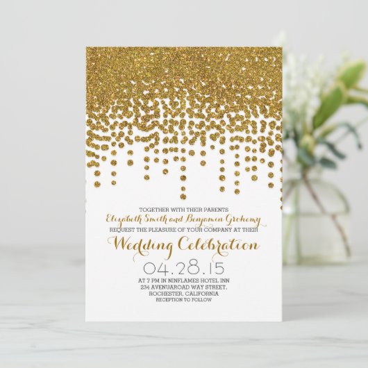 Invitation faux or parties scintillant feuille confetti maria (Debout devant)