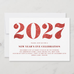Invitation Faux Pailletage Rouge Soirée du Nouvel An 2026
