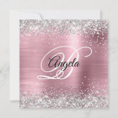 Invitation Faux Pailleté Argenté Clair Rose Monogramme (Devant)