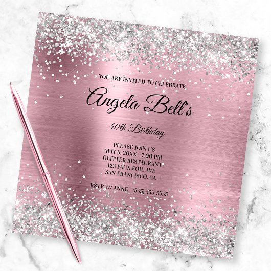 Invitation Faux Pailleté Argenté Clair Rose Monogramme