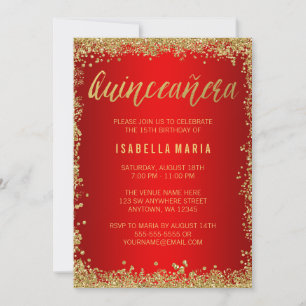 Invitation Faux Pailleté Or Rouge Quinceanera 15e Anniversair