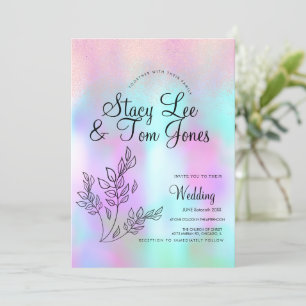 Invitation Faux Pailleté Rose Botanique Holographique