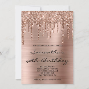 Invitation Faux Pailleté Rose Doré Glitter Gouttes Feuille An