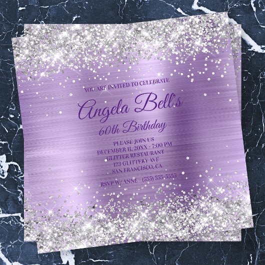 Invitation Faux Paillettes Argent Brillant Violet Feuille Mét