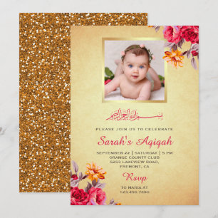 Invitation Faux paillettes dorées Fleurs Bébé Fille Photo Aqi
