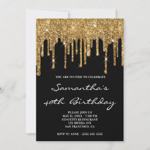 Invitation Faux Paillettes Dorées Gouttes Anniversaire Noir