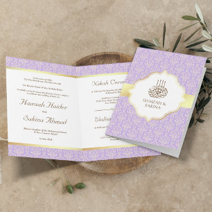 Invitation Faux papier d'or lavande damassé mariage musulman