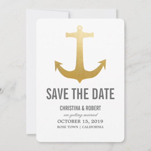 Invitation Faux papier doré nautique Ancre Save The Date (Devant)
