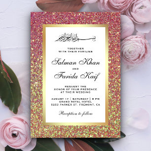 Invitation Faux papier doré pastel rose paillettes mariage is