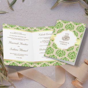 Invitation Faux papier doré perle vert damasque mariage musul