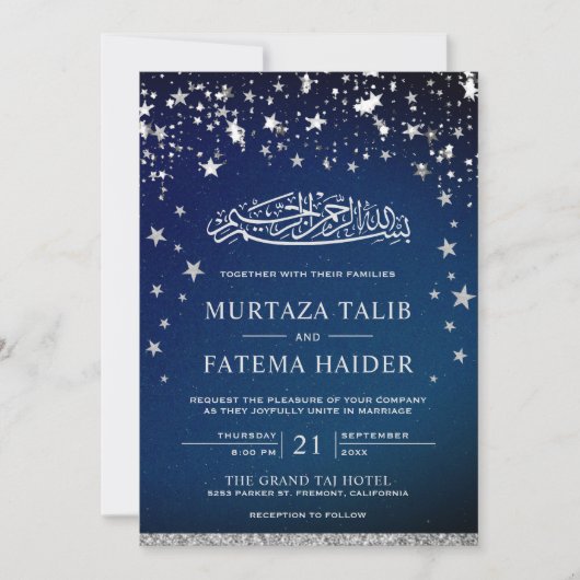Invitation Faux Parties scintillant Argent Étoiles Bleu Musul (Devant)