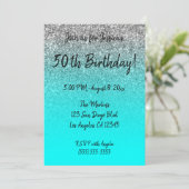 Invitation Faux Parties scintillant d'argent Aqua Ombre 50e a (Debout devant)