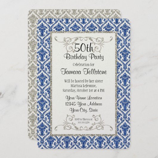 Invitation Faux Parties scintillant d'argent Damask motif flo (Devant / Derrière)