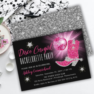 Invitation Faux Parties scintillant Disco Rose Cowgirl Bachel
