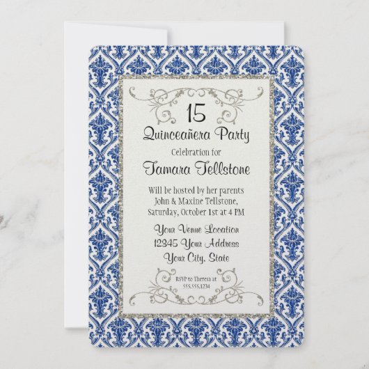 Invitation Faux Parties scintillant en argent Damask Quincean (Devant)