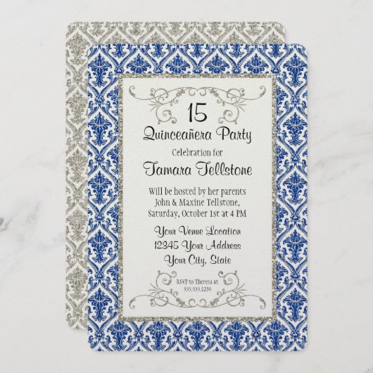 Invitation Faux Parties scintillant en argent Damask Quincean (Devant / Derrière)