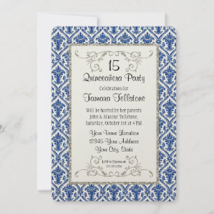 Invitation Faux Parties scintillant en argent Damask Quincean