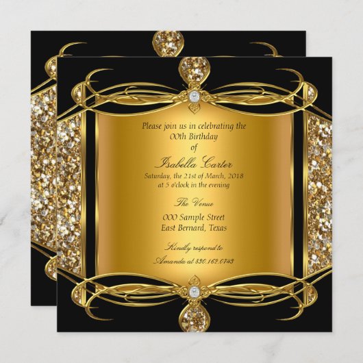 Invitation Faux Parties scintillant Gold Diamond Noir Anniver (Devant / Derrière)