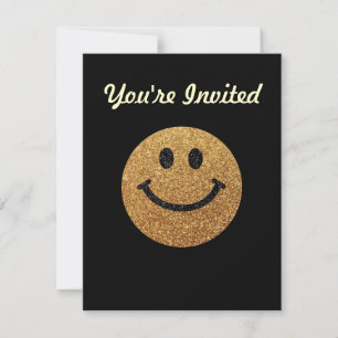 Invitation Faux Parties scintillant Gold Happy Face - scintil