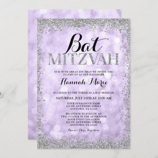 Invitation Faux Parties scintillant violet argenté Bat mitzva (Devant / Derrière)