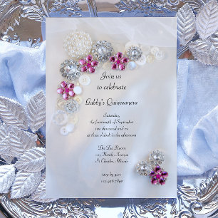 Invitation Faux Pearls Boutons Diamants Rose Quinceañera