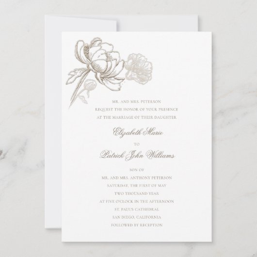 Invitation Faux Peonies Embossées Mariage classique formel (Devant)