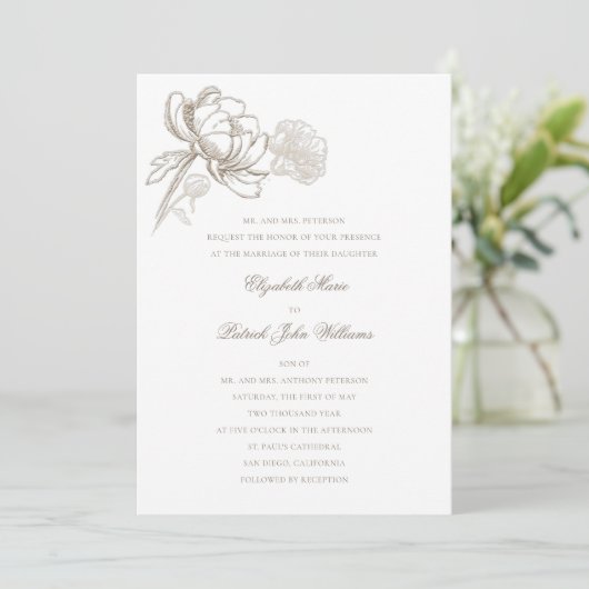 Invitation Faux Peonies Embossées Mariage classique formel (Debout devant)