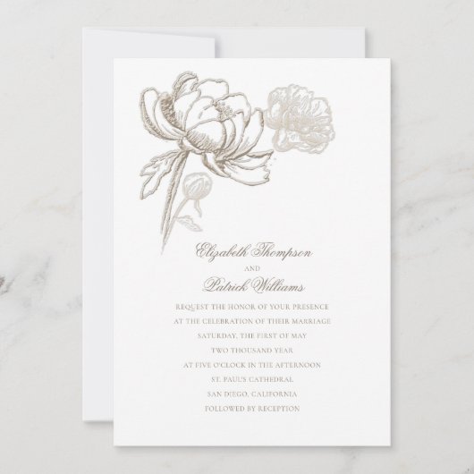 Invitation Faux Peonies Embossées Or Formal Elégant Mariage (Devant)