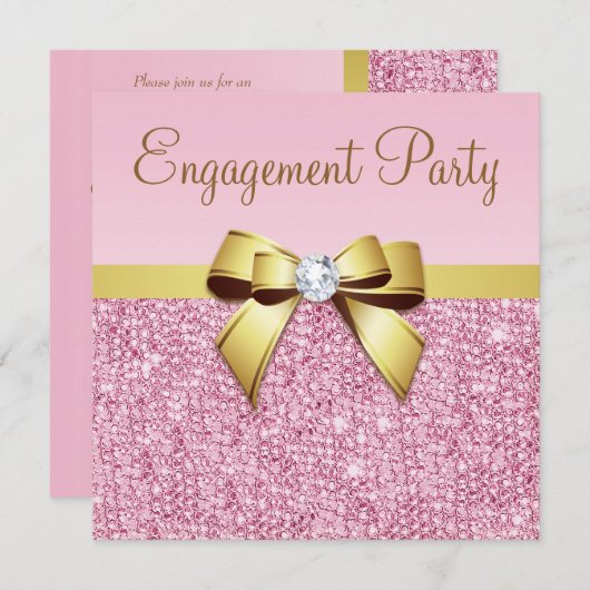Invitation Faux Pink Sequins Gold Bow (Devant / Derrière)