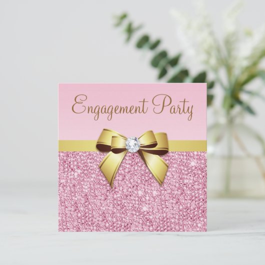 Invitation Faux Pink Sequins Gold Bow (Debout devant)