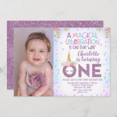 Invitation Faux Purple Parties scintillant One Photo Unicorn  (Devant / Derrière)