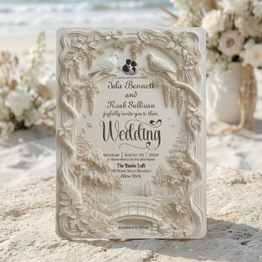 Invitation Faux Relief Carved Pastoral Birds Wedding
