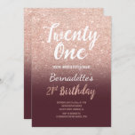 Invitation Faux rose fausse parties scintillant or burgundy o<br><div class="desc">Faux rose or parties scintillant ombre sur le bordeaux 21e anniversaire Une invitation moderne à la fête du 21e anniversaire avec invitation à la parties scintillant d'or en faux rose moderne, originale et simple, et typographie manuscrite de style brosse sur un arrière - plan de couleur bordeaux entièrement personnalisable ....</div>