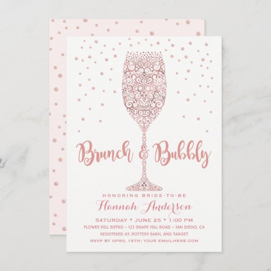 Invitation Faux Rose Gold Brunch & Bubbly Fête des mariées (Devant / Derrière)
