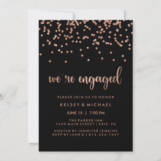 Invitation Faux Rose Gold Confetti sur Black Engagement Party (Devant)