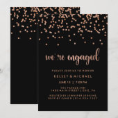 Invitation Faux Rose Gold Confetti sur Black Engagement Party (Devant / Derrière)