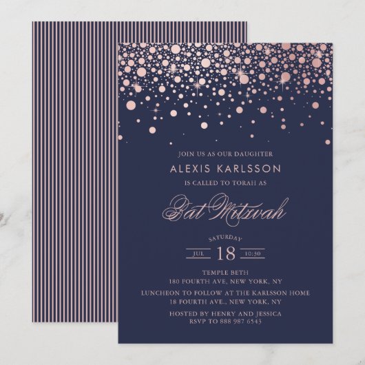 Invitation Faux Rose Gold Foil Confetti Bat mitzvah bleu (Devant / Derrière)