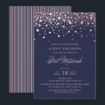 Invitation Faux Rose Gold Foil Confetti Bat mitzvah bleu<br><div class="desc">Famille Invitation et amis à votre fille Bat mitzvah avec cette invitation moderne et élégante. Il présente des points de confetti en or rose et rayures motif sur arrière - plan bleu foncé. Personnalisez en ajoutant le nom, la date, l'heure, le lieu et d'autres détails de l'événement. Des éléments correspondants...</div>