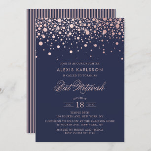 Invitation Faux Rose Gold Foil Confetti Bat mitzvah bleu