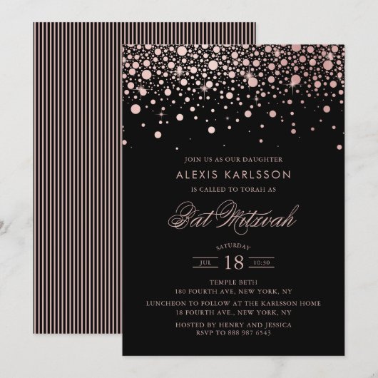 Invitation Faux Rose Gold Foil Confetti Black Bat mitzvah (Devant / Derrière)