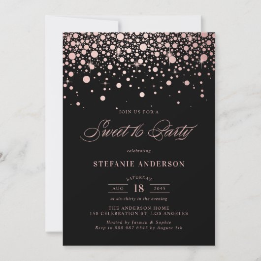 Invitation Faux Rose Gold Foil Confetti Black Sweet 16 Party (Devant)