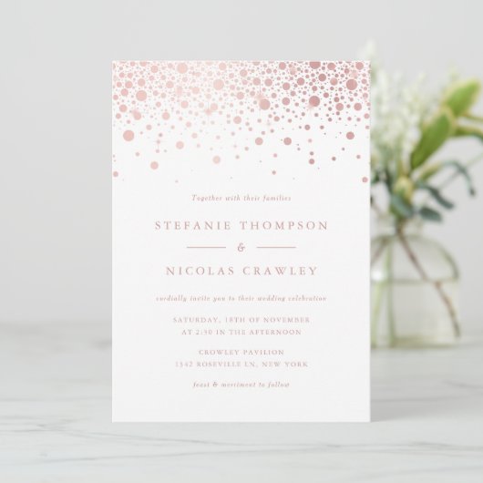 Invitation Faux Rose Gold Foil Confetti Dots Mariage (Debout devant)