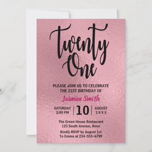 Invitation Faux Rose Gold Foil Moderne 21e anniversaire (Devant)