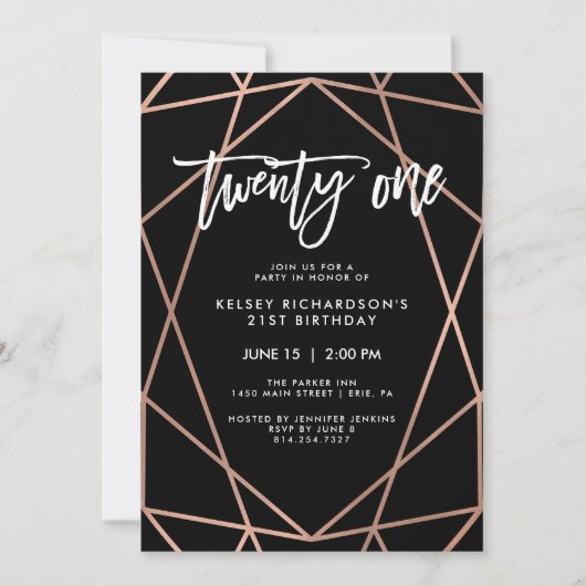 Invitation Faux Rose Gold Géométrique | Fête du 21e anniversa (Devant)