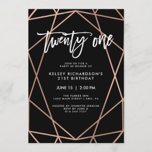 Invitation Faux Rose Gold Géométrique   Fête du 21e anniversa