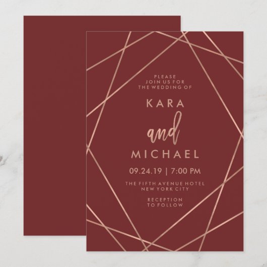 Invitation Faux Rose Gold Géométrique | Mariage de Bourgogne (Devant / Derrière)